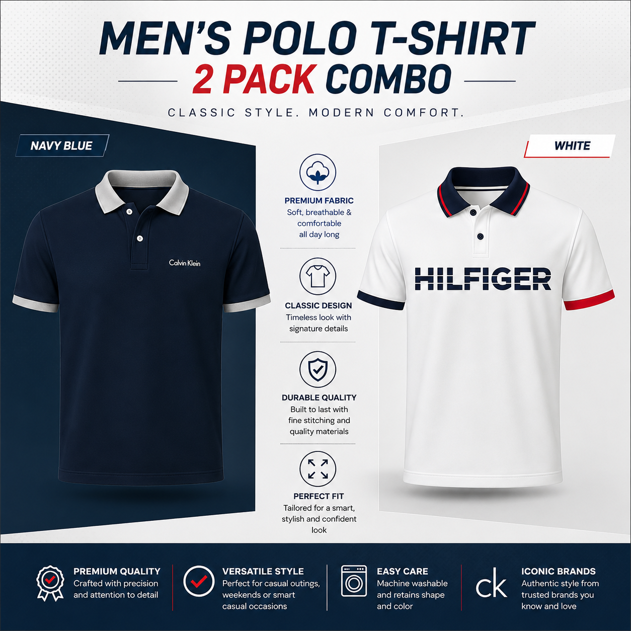 Premium Polo T-Shirt 2 PCS Combo- Tommy Hilfiger & Calvin Klein